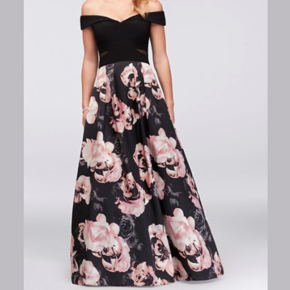 Off-the-Shoulder Floral Jersey and Satin Ball Gown